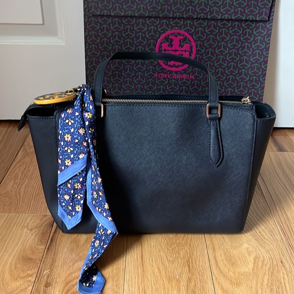 Tory Burch Navy Saffiano Leather Robinson Tote & silk floral bag charm. - Picture 6 of 15